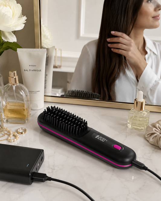 Travel Portable Hair Straightener Brush - Cordless USB Charging - Ceramic Coated
